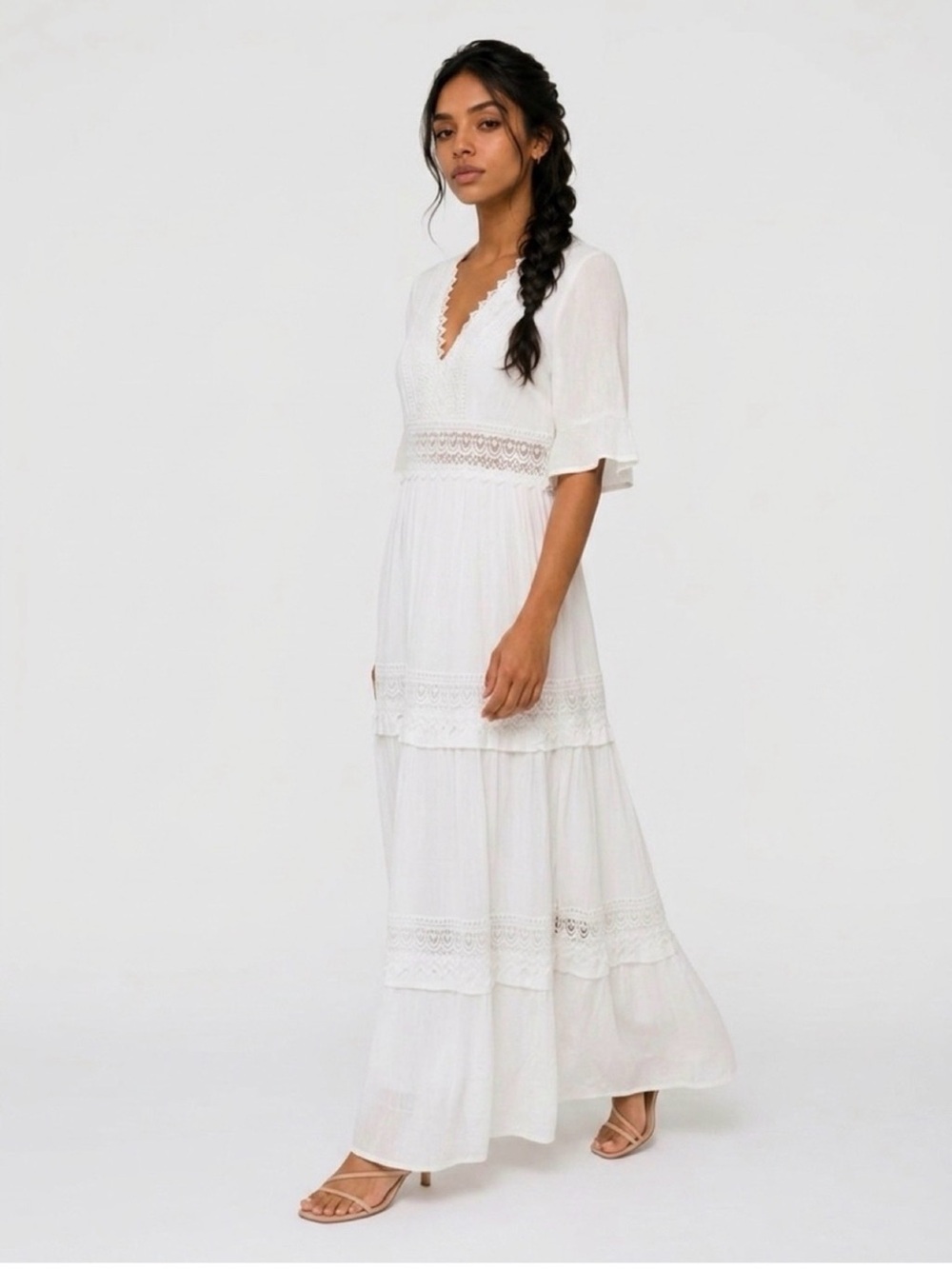 White Boho Crochet Lace Maxi Dress XL Tiered Bridal Vacation